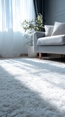 Sunlight streams through a window onto a soft, white rug, illuminating a modern living room with a light gray sofa and potted plant