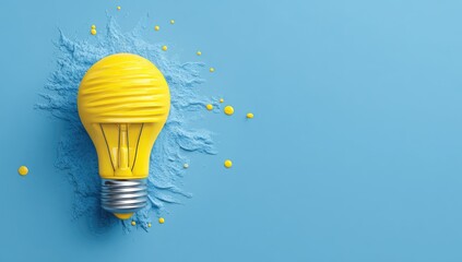 A bright yellow lightbulb sits atop a textured, light-blue surface.  Yellow paint splatters and drips around it