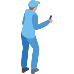 Full Body Isometric View Of A Person In A Light Blue Uniform Holding A Black Device On A Transparent Background