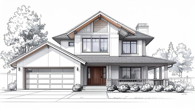 Monochrome architectural rendering of a modern suburban house with gable and hip roof, two-car garage, columned porch, and landscaped front yard — symbolizing residential design, structure, and curb a