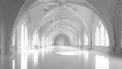 A long, white hall with arched ceilings and tall windows