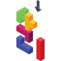 Colorful Isometric Puzzle Blocks Falling and Arranging in Strategic Play with Downward Arrow Indicator on Transparent Background