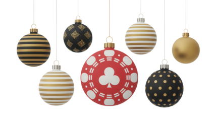 Collection of seven decorative oval shaped christmas ornaments with various patterns and colors hanging isolated on transparent background