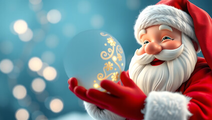 Joyful Santa Claus holding glowing Christmas ornament, red gloves, teal background with soft bokeh and festive warmth.
