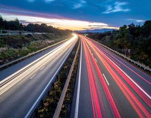 Aerial view of highway with car light trails at dusk under colorful sky