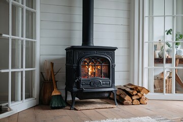 Black wood-burning stove in a corner room with white walls