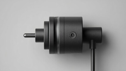 Close-up of a dark gray audio connector.  A cylindrical plug with concentric rings and a small, protruding pin.  A cable extends from the bottom