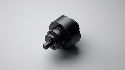 Black, cylindrical mechanical component, angled, on a light gray surface