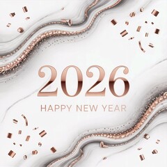 2026 happy new year marble background rose gold confetti elegant festive greeting card design