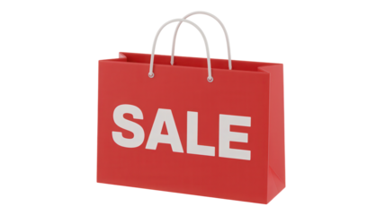 Bright red shopping bag with the word sale in white letters isolated on transparent background