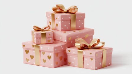 Obraz premium Stack of elegant pink christmas gift boxes with gold ribbons and heart decorations on transparent background for holiday, festive, and seasonal celebrations
