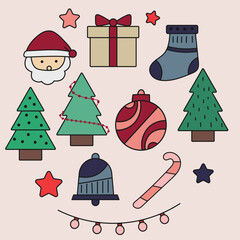 Cute seamless Christmas pattern featuring Santa Claus, Christmas trees, gifts, candy canes, mittens, stars, and decorations in festive colors.