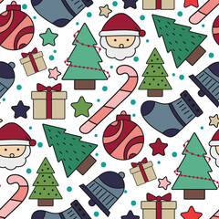 Cute seamless Christmas pattern featuring Santa Claus, Christmas trees, gifts, candy canes, mittens, stars, and decorations in festive colors.
