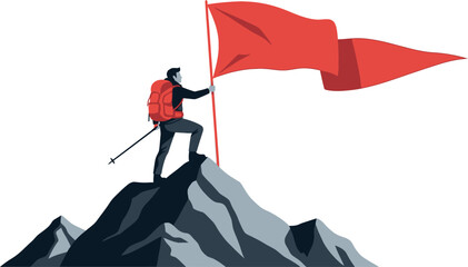 A lone hiker plants a red flag atop a mountain peak in triumph.