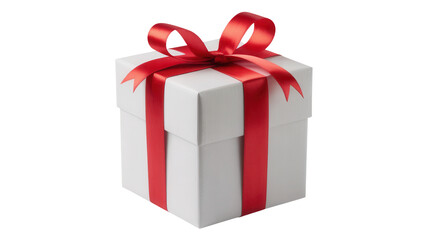 Obraz premium A simple white gift box with a vibrant red satin ribbon tied in a bow isolated on transparent background