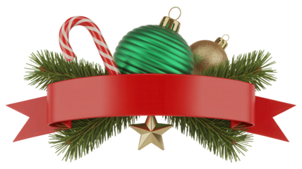 Festive christmas banner with ornaments candy cane pine branches and star isolated on transparent background