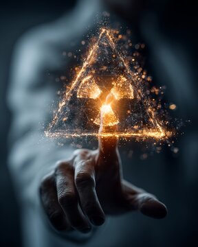 Radiologist interacting with a futuristic radiation symbol, representing advanced diagnostics, nuclear medicine, and innovative healthcare technology.