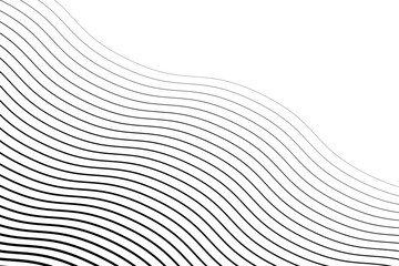 Stripe transition in wave patterns with halftone gradient and retro vibe. Wavy lines fade from thick black to thin white stripes in rhythmic repetition. Geometric vector design with motion illusion