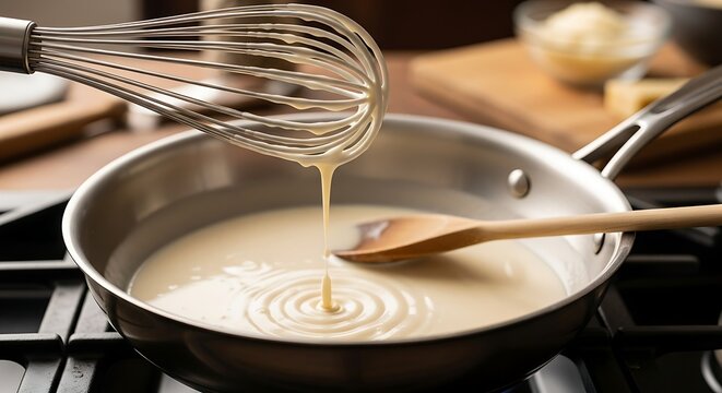 Whisking a creamy sauce in a stainless steel pan on a stovetop.
