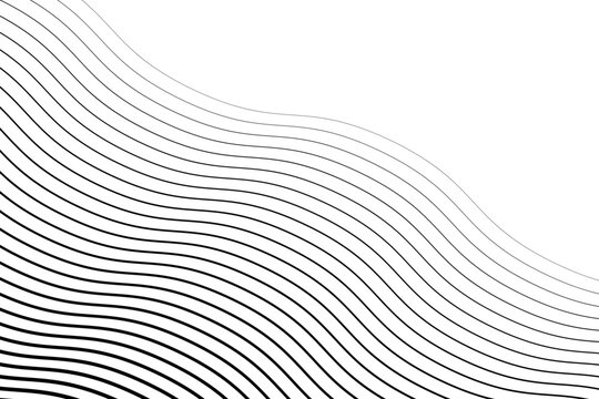 Stripe transition in wave patterns with halftone gradient and retro vibe. Wavy lines fade from thick black to thin white stripes in rhythmic repetition. Geometric vector design with motion illusion