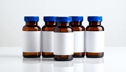 Five amber bottles with labels, blue caps, empty white tags, arranged in a row on a reflective surface for laboratory or pharmaceutical use.