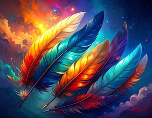 Obraz premium Abstract Illustration Symbolizing Native American Heritage Month Featuring Vibrant Watercolor Feathers in Warm and Cool Tones