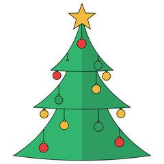 Flat Design Holiday Tree Icon with Star Topper and Round Decorations