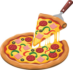 Delicious Pizza Slice Lifting Vector Illustration Extreme Cheese Pull Ham Pepperoni Peppers Olives Toppings Serving Spatula Italian Food Comic Graphic