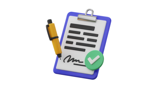 3d illustration of a purple clipboard with a document and a yellow pen ready for signature and a green checkmark indicating approval isolated on transparent background