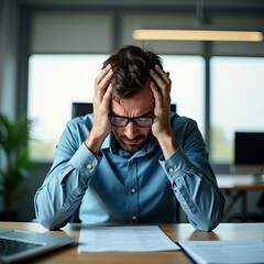 Stress and burnout in the workplace with a frustrated businessman holding his head in despair over financial documents.