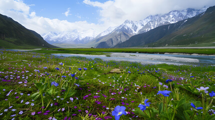 Mountain river with blue flowers