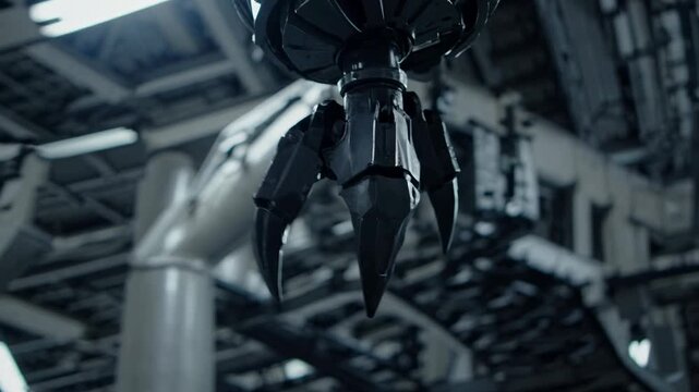 A robotic claw in a factory setting, captured from a low-angle. The industrial style adds a futuristic touch, perfect for a tech-themed video.