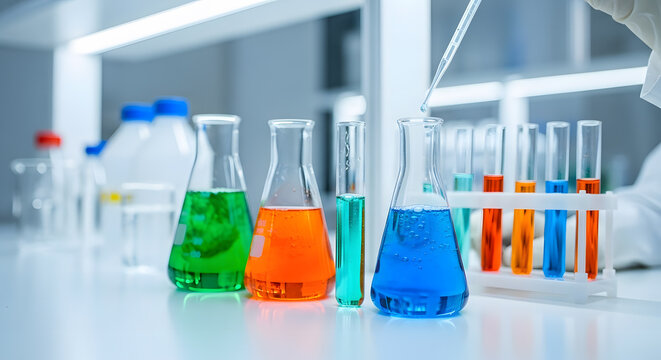 Laboratory scene featuring colorful liquids in beakers and test tubes on a white surface