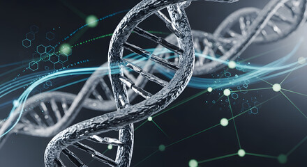 Detailed image of a dna strand with connected nodes and lines on a dark background with light effects