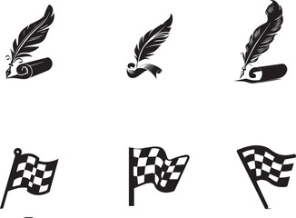 Quill Pen and Racing Flag Vector Icons | Vintage Writing & Finish Line Design