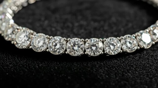 A close-up showcases a diamond bracelet, its gems shimmering against a textured black backdrop