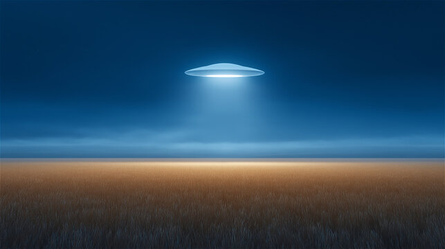 Futuristic UFO hovering above field at night with blue glowing light, concept of science fiction, mystery and extraterrestrial life.