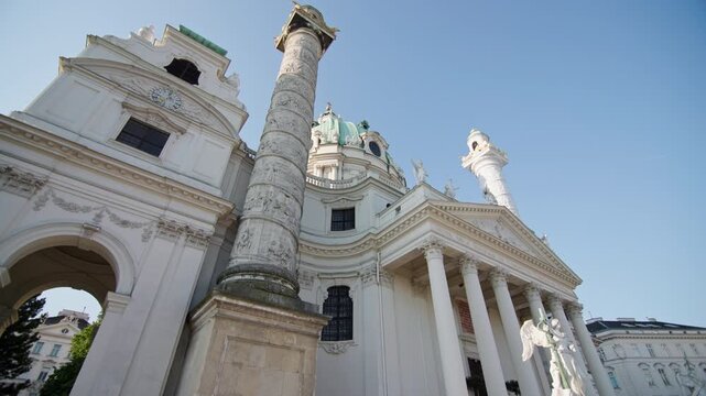 Tourist urban landscape Karlskirche Vienna in Austria. Beautiful baroque architecture, tourist church, travel in Europe.
