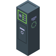 Futuristic grey and green pixelated payment kiosk with digital interface and circular scanner on a transparent background