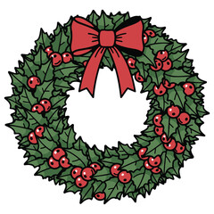 Traditional Holly Wreath with Red Bow and Berries Design