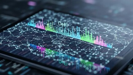 A digital tablet displaying a network graph with data visualized in colorful, vertical bar charts - Powered by Adobe