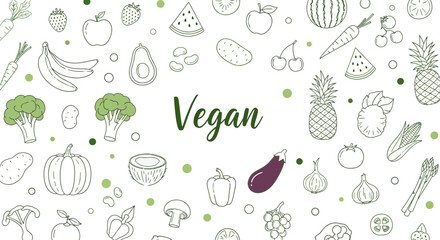Vegan Food Illustration with Fruits and Vegetables, Healthy Eating Concept.