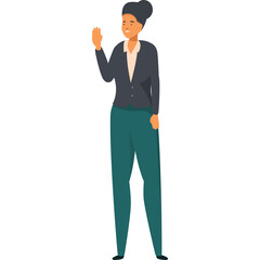 Full Body Studio Portrait of a Cheerful Woman in a Dark Gray Blazer and Teal Pants Waving Hello with a Smile on a Clean White Background
