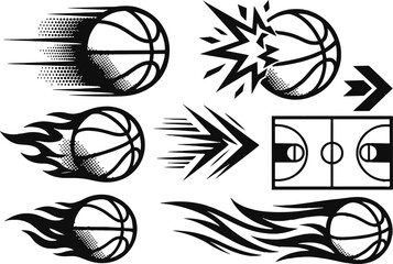 Dynamic Basketball Motion Logo Set Black and White Fire and Speed Graphic Elements for Sports Design © smcreovent