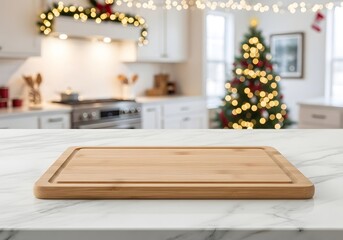 Wooden Cutting Board on Marble Countertop with Festive Christmas Kitchen Background – Holiday Cooking, Food Prep, and Cozy Home Decor Scene