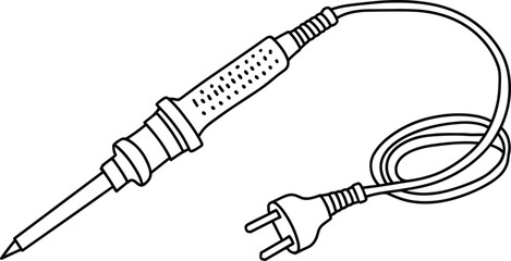 Soldering iron line drawing, electrical repair tool illustration, hand tool with cord, plug and tip, electronics equipment outline vector