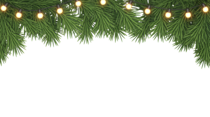 Festive green pine branches adorned with glowing warm white fairy lights creating a festive holiday border isolated on transparent background