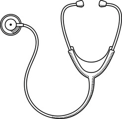 Stethoscope line drawing, black and white medical illustration, healthcare diagnostic tool sketch, hospital equipment outline, doctor instrument vector, clinical medicine graphic art