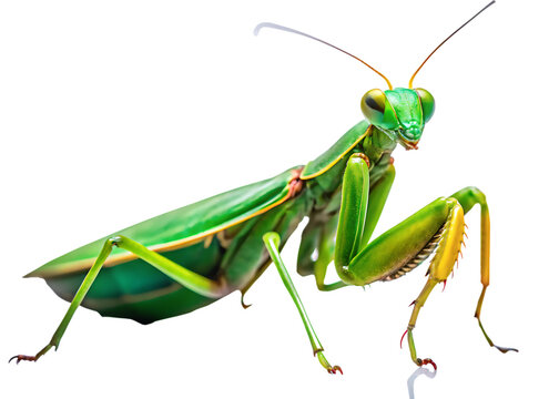 Green praying mantis isolated on transparent background, closeup view