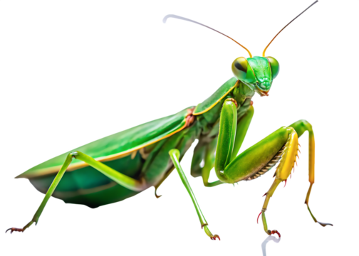 Green praying mantis isolated on transparent background, closeup view